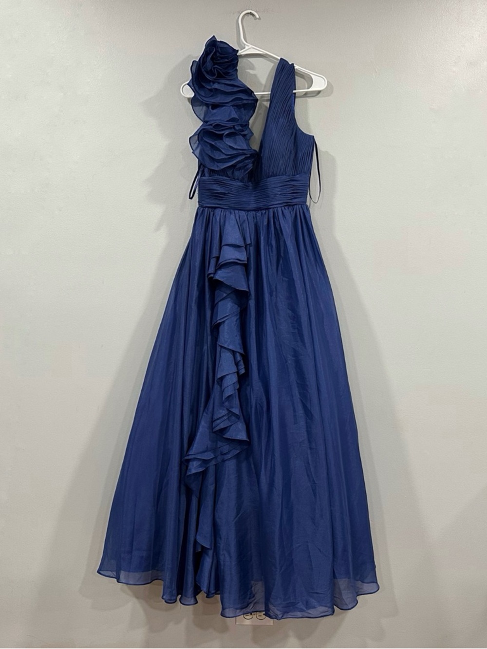 Mac Duggal 48856 Cobalt Blue Ruffle Shoulder V-Neck Chiffon Gown Ballgown Sz 6